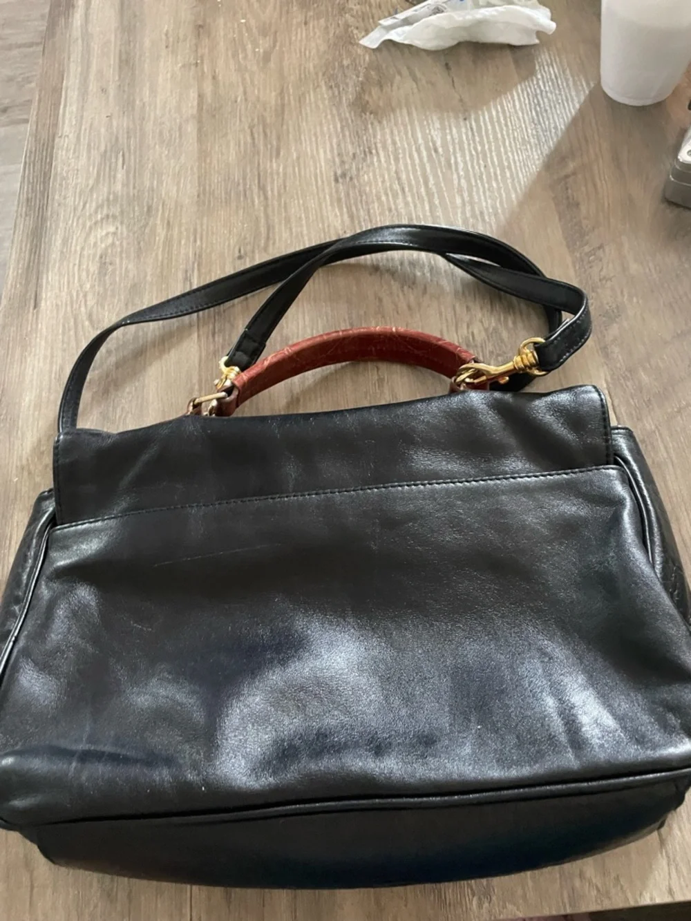 Vintage Valerie Stephans soft black leather w faux croc trim 2 way carry Satchel